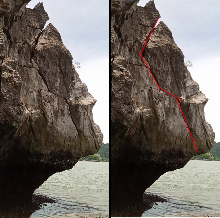 Hòn Gà Chọi (Trống Mái) biểu tượng của vịnh Hạ Long 11 Phần khối đá có nguy cơ sụp nở của Hòn Trống Mái