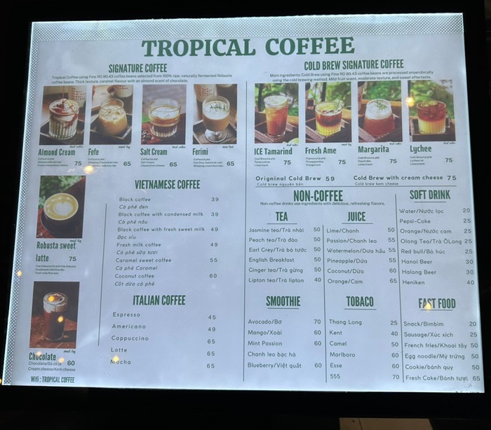 Bảng giá đò uống được phục vụ tại nhà ga