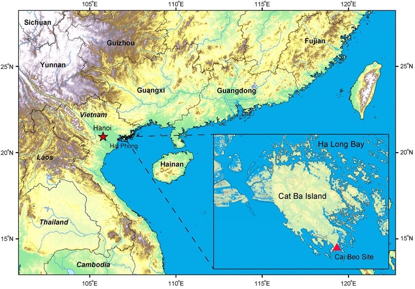 HÌNH 1. Vị trí khu vực Cái Bèo. Địa điểm được hiển thị bằng một hình tam giác màu đỏ.