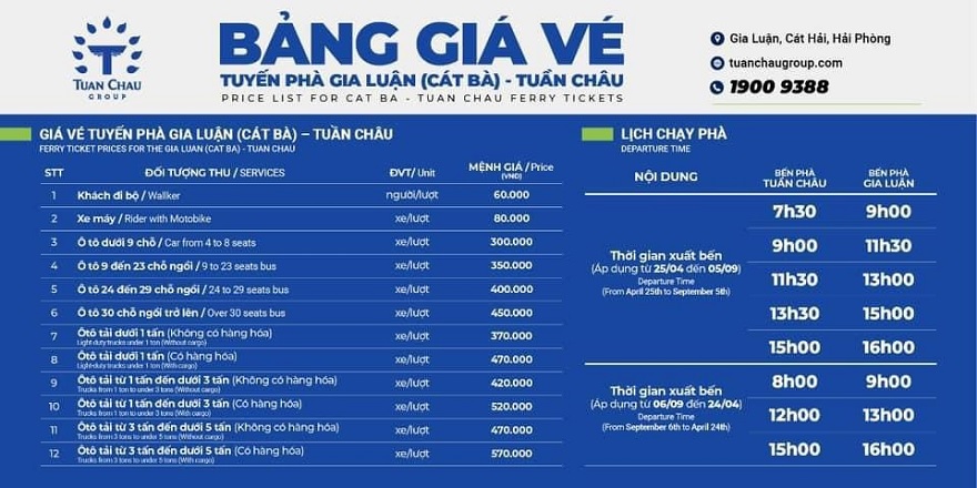 Lịch trình và giá vé phà Tuần Châu - Cát Bà 2025 3 Bảng giá vé và lịch chạy phà Tuần Châu - Cát Bà