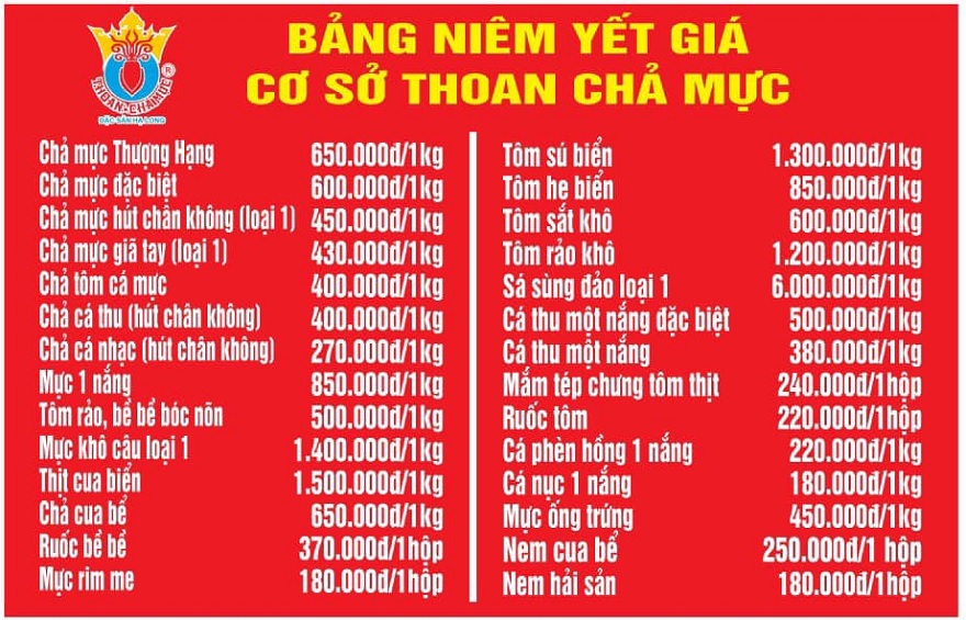 Bảng giá niêm yết chả mực Thoan