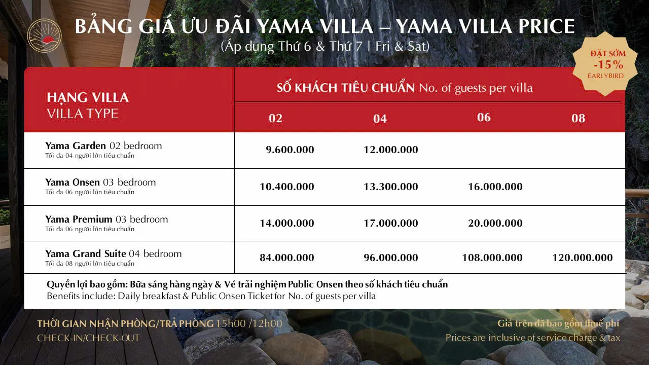 Bảng giá villa Yama Onsen Quang Hanh