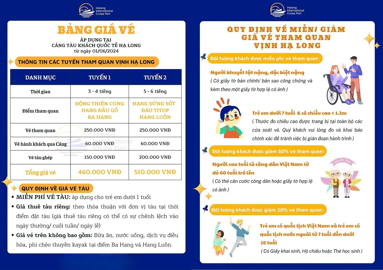 Bảng giá vé và điều kiện giảm giá tàu thăm vịnh Hạ Long