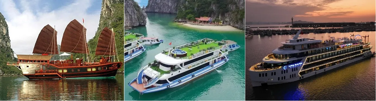 So sánh du thuyền tham quan Vịnh Hạ Long trong từng thời kỳ Du thuyền 48 chỗ thiết kế bằng gỗ truyền thống, du thuyền  99 thế hệ mới và du thuyền cao cấp