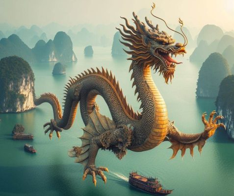 Bức ảnh mô phỏng rồng hạ cánh tại Hạ Long (do AI tạo)